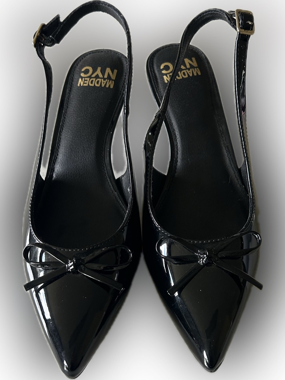 Black Patent Pointed-Toe Slingback Heels with Bow Accent - Picture 3 of 8